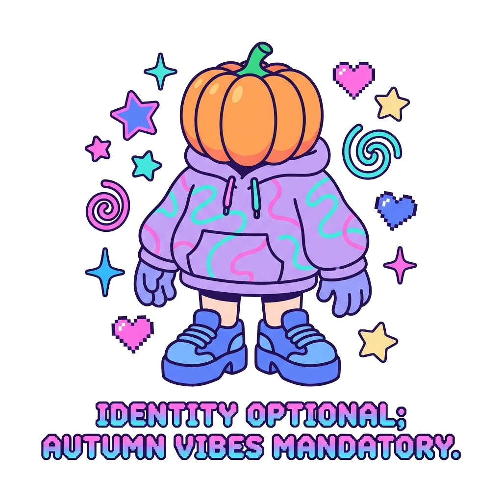 Custom sticker: A retro/kawaii figure with a round pumpkin blocking their head, styled with minimal Y2K lines and vap...