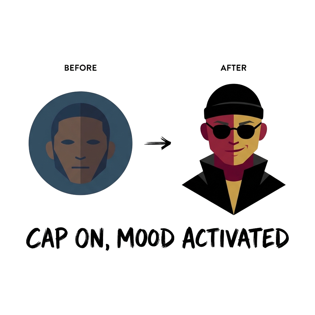 Custom sticker: A minimalist before-and-after image of a deadpan face transforming to a stylish figure in a black sku...