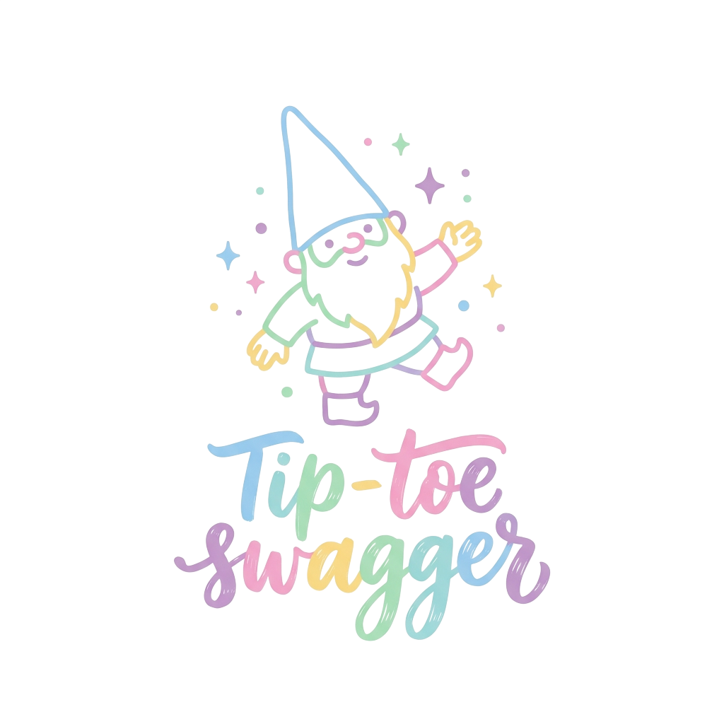 Custom sticker: A tiny pastel-lined gnome mid-tiptoe with floating sparkles, with the words "Tip‑toe swagger" hand-le...