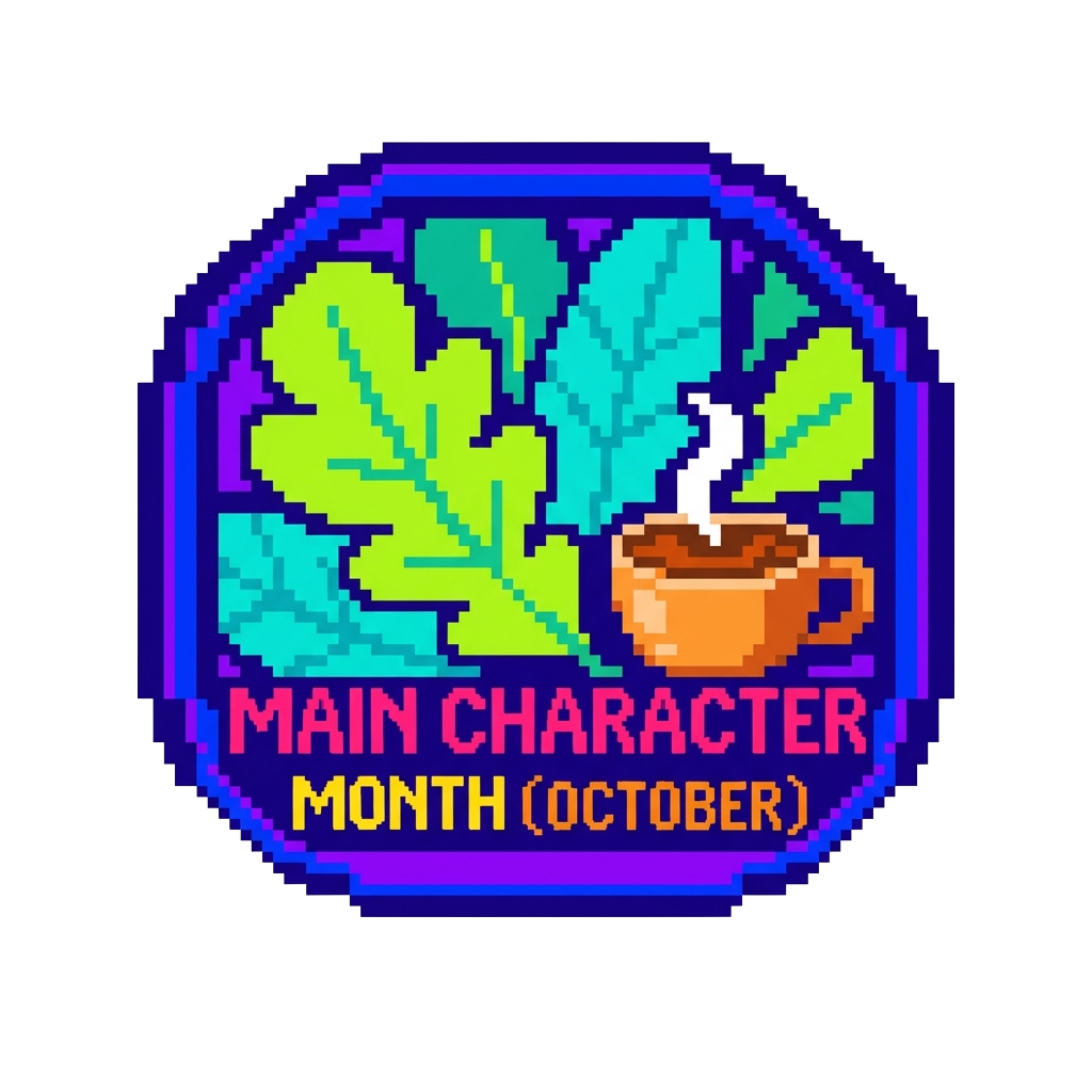 Custom sticker: A minimalist Y2K-inspired badge featuring pixel-y leaves and a tiny steaming drink, with the words "M...