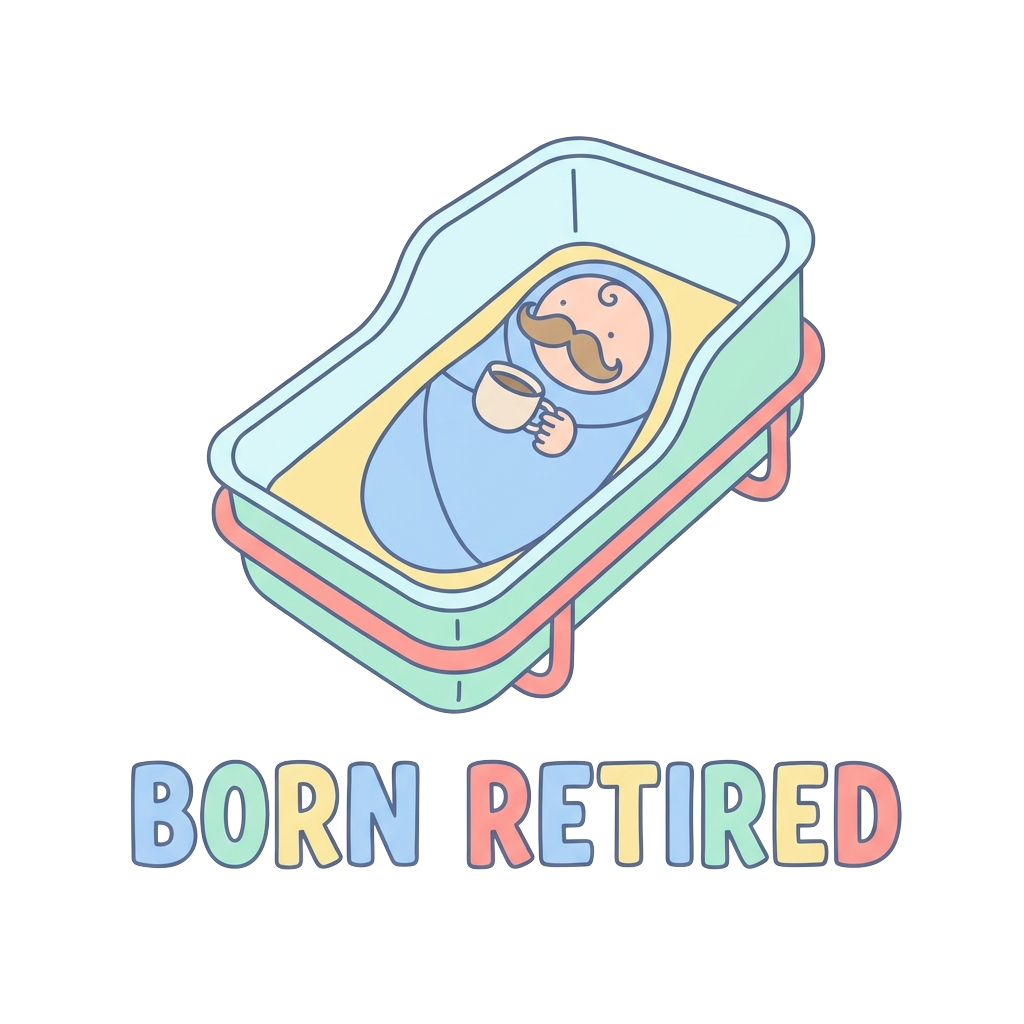 Custom sticker: A minimalist pastel hospital bassinet with a baby sporting an exaggerated cartoon mustache and a tiny...