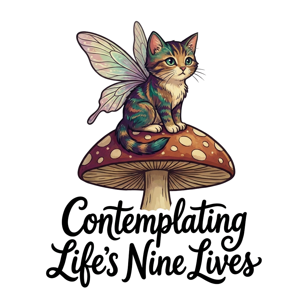 Custom sticker: A small fairy cat sitting on a mushroom, one wing outstretched, with the words "Contemplating Life’s ...