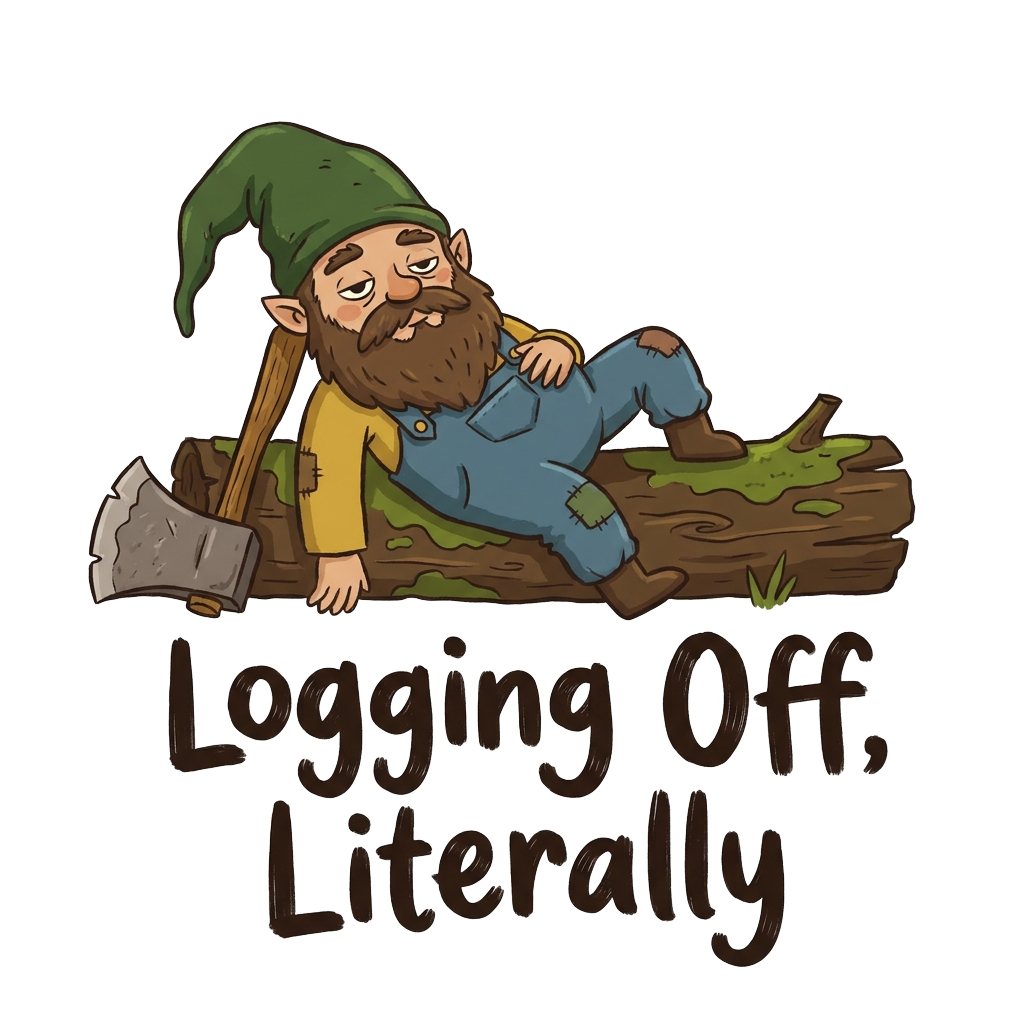 Custom sticker: A lazy gnome reclined on a log with an oversized axe, eyes half-shut, with the words "Logging Off, Li...