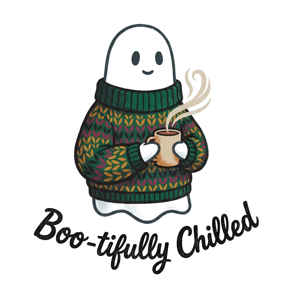 Custom sticker: A ghost in a chunky knit sweater, holding a steaming mug, with the words "Boo-tifully Chilled" hand-l...